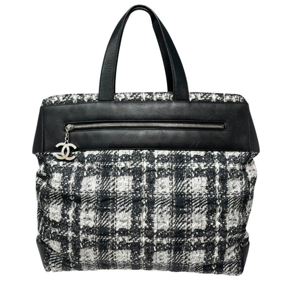 CHANEL Vintage 2013 CC Logo Tweed Print Tote Bag Black Silver Nylon [105104] - Picture 5 of 13
